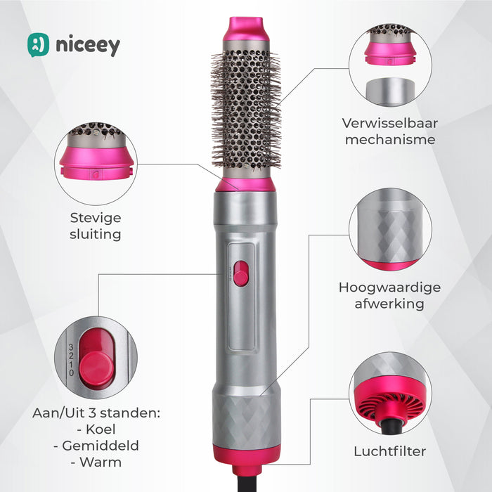Niceey Brosse Sèche-Cheveux 5-en-1 - Multistyler - Brosse à Boucler - Gris/Rose