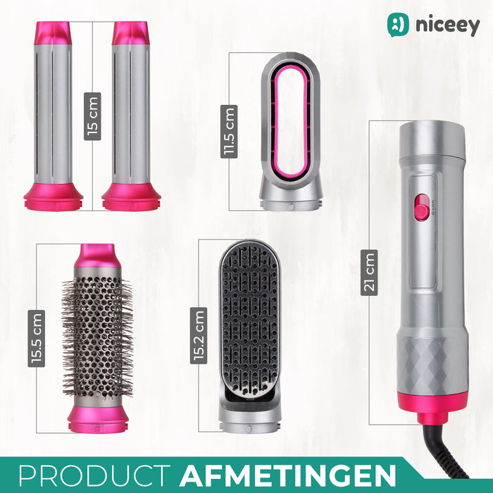 Niceey Brosse Sèche-Cheveux 5-en-1 - Multistyler - Brosse à Boucler - Gris/Rose